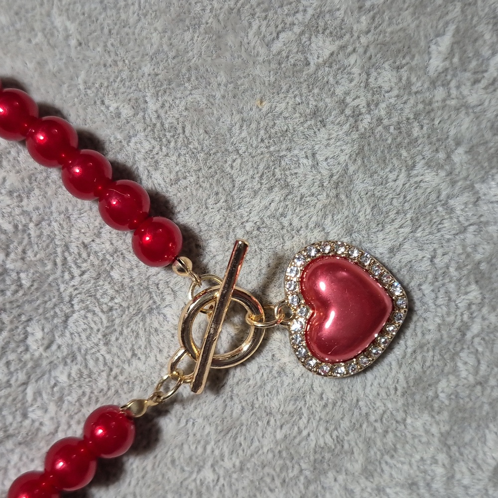 Red Beaded Necklace and Bracelet Set with Heart Pendant. NEW. - Picture 3 of 5